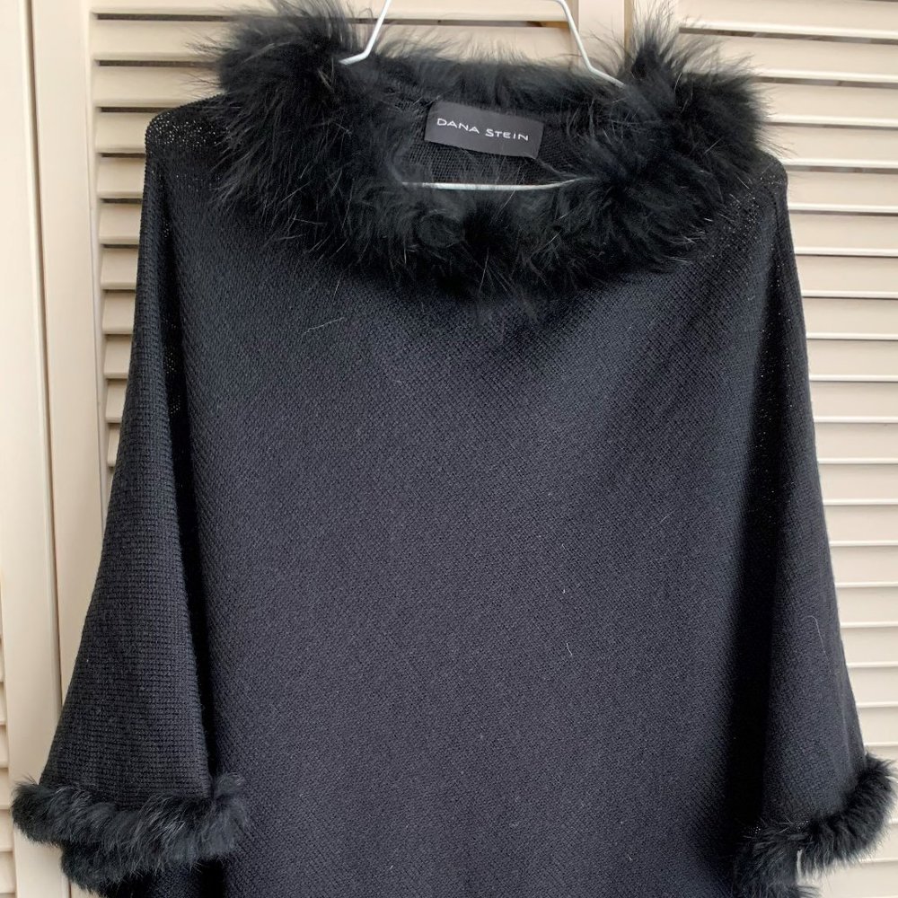 Dana Stein Knit Poncho Trimmed with Black Rabbit and Fox Collar